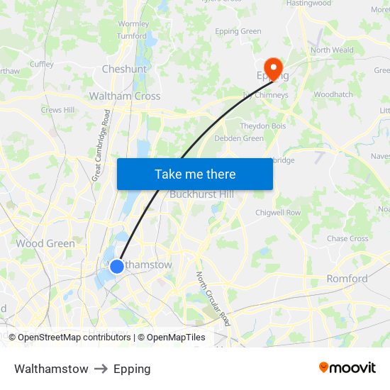 Walthamstow to Epping map