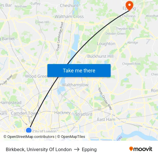 Birkbeck, University Of London to Epping map