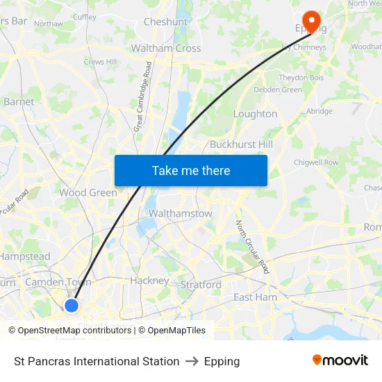 St Pancras International Station to Epping map