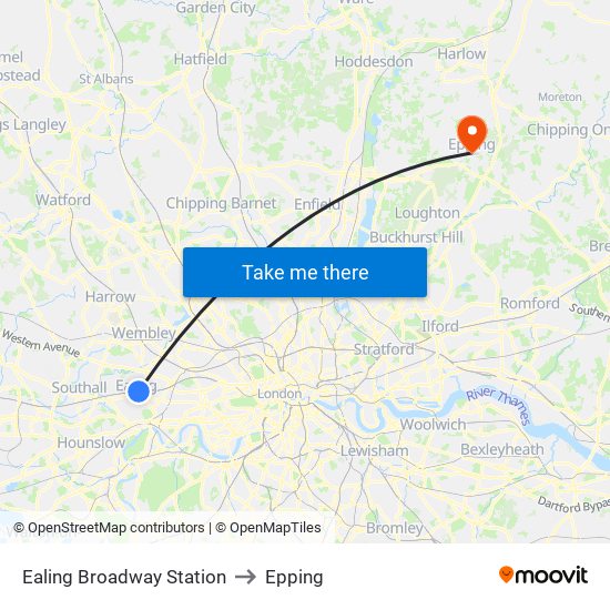 Ealing Broadway Station to Epping map