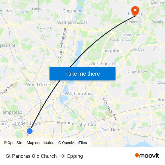 St Pancras Old Church to Epping map