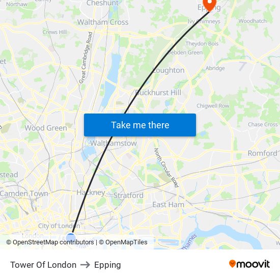 Tower Of London to Epping map