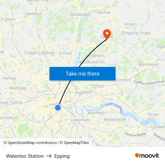 Waterloo Station to Epping map