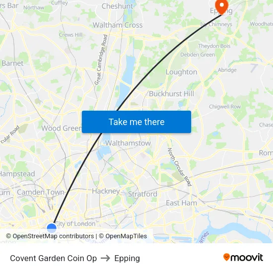 Covent Garden Coin Op to Epping map