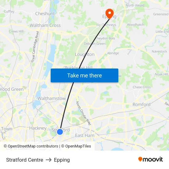 Stratford Centre to Epping map