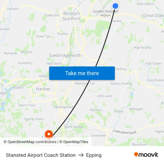 Stansted Airport Coach Station to Epping map