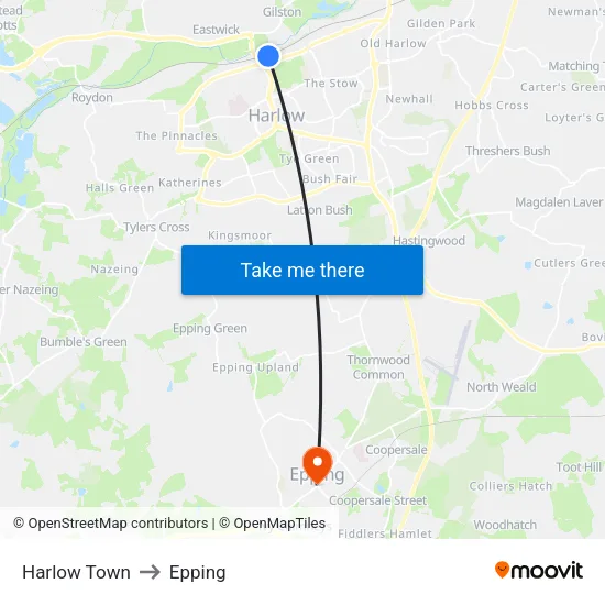 Harlow Town to Epping map