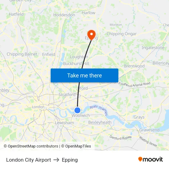 London City Airport to Epping map