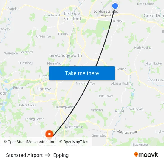 Stansted Airport to Epping map