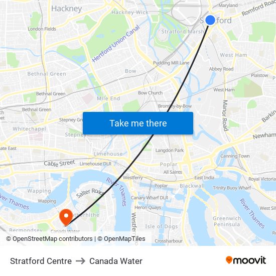 Stratford Centre to Canada Water map