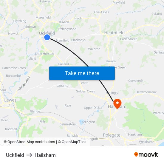 Uckfield to Hailsham map