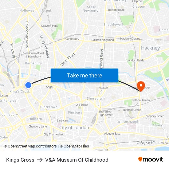 Kings Cross to V&A Museum Of Childhood map