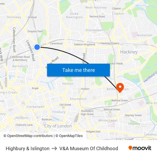 Highbury & Islington to V&A Museum Of Childhood map