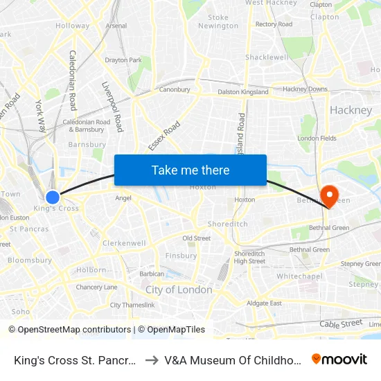 King's Cross St. Pancras to V&A Museum Of Childhood map