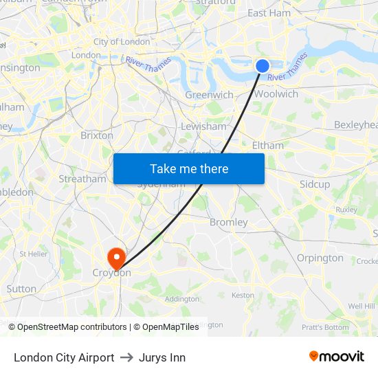 London City Airport to Jurys Inn map
