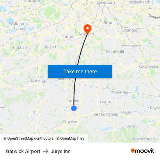 Gatwick Airport to Jurys Inn map