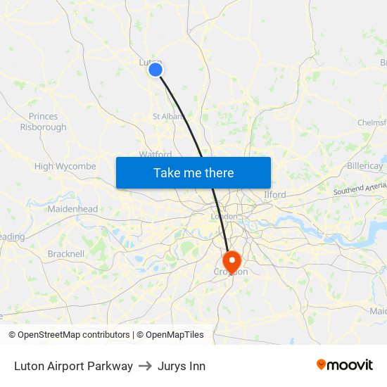 Luton Airport Parkway to Jurys Inn map