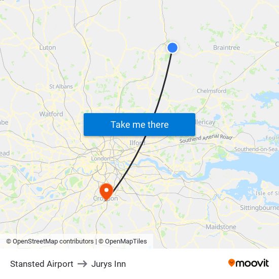 Stansted Airport to Jurys Inn map