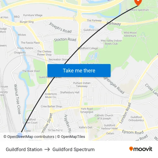 Guildford Station to Guildford Spectrum map