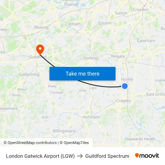 London Gatwick Airport (LGW) to Guildford Spectrum map