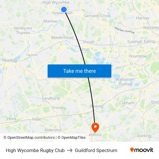 High Wycombe Rugby Club to Guildford Spectrum map
