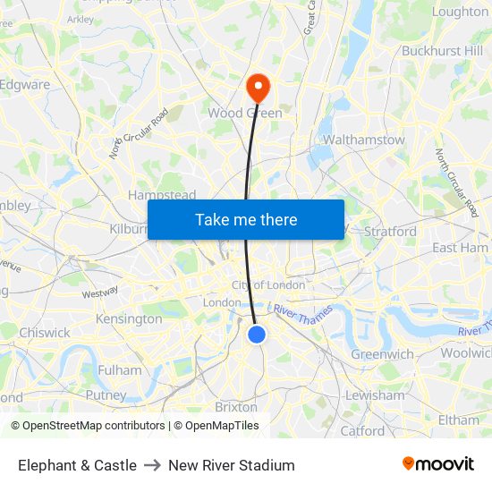 Elephant & Castle to New River Stadium map
