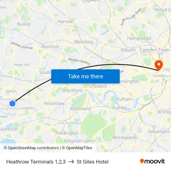 Heathrow Terminals 1,2,3 to St Giles Hotel map