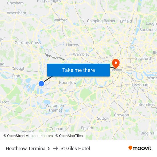 Heathrow Terminal 5 to St Giles Hotel map