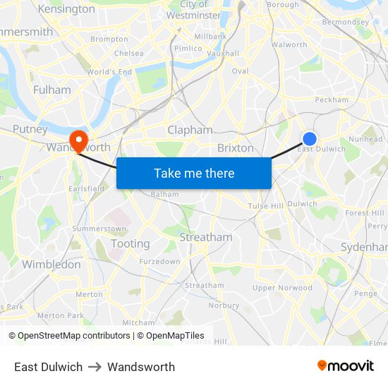 East Dulwich to Wandsworth map