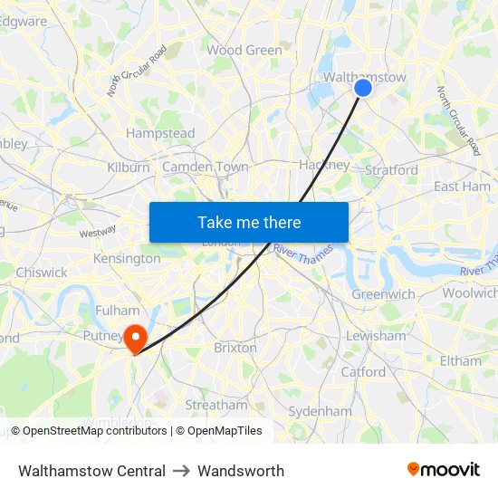 Walthamstow Central to Wandsworth map