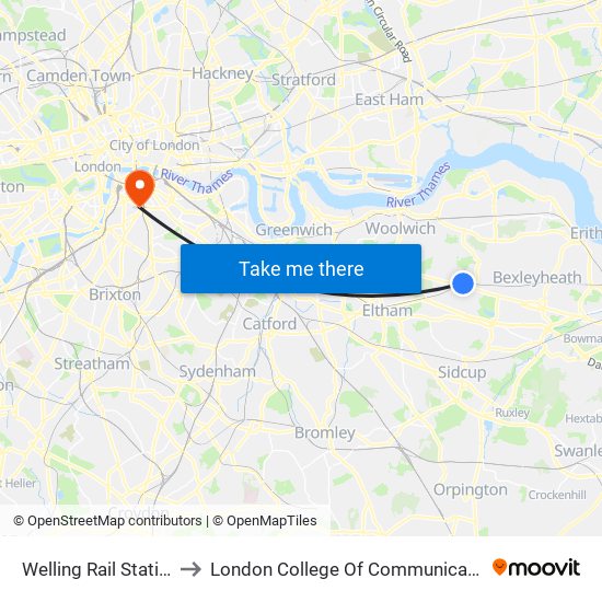 Welling Rail Station to London College Of Communication map