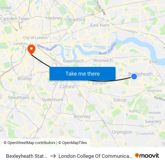 Bexleyheath Station to London College Of Communication map