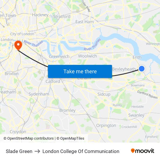 Slade Green to London College Of Communication map