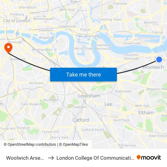 Woolwich Arsenal to London College Of Communication map