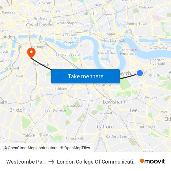 Westcombe Park to London College Of Communication map