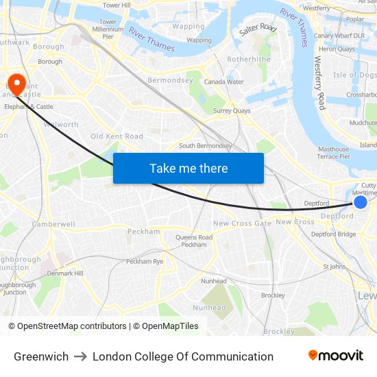 Greenwich to London College Of Communication map