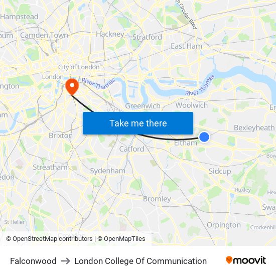 Falconwood to London College Of Communication map