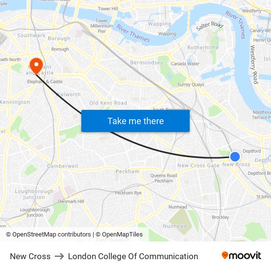 New Cross to London College Of Communication map