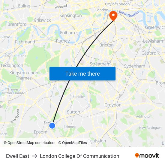 Ewell East to London College Of Communication map