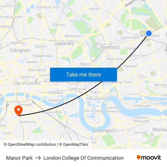 Manor Park to London College Of Communication map