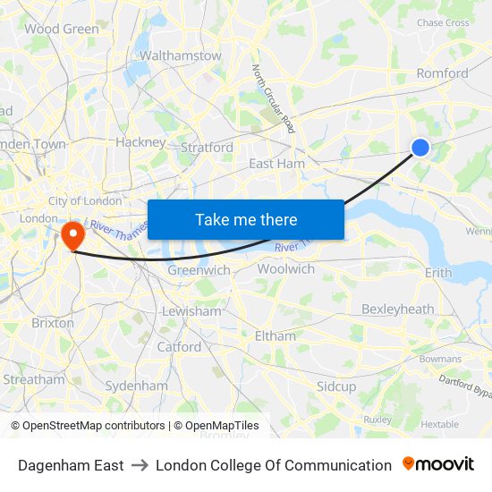 Dagenham East to London College Of Communication map