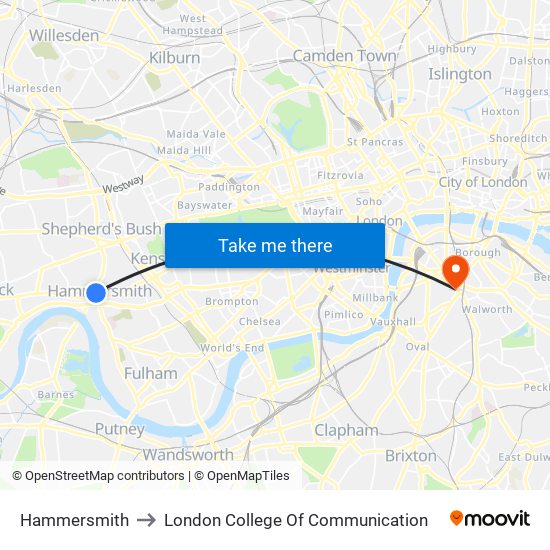 Hammersmith to London College Of Communication map