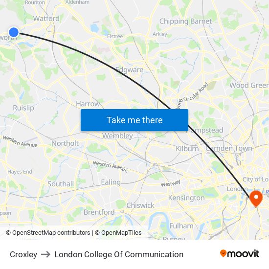 Croxley to London College Of Communication map