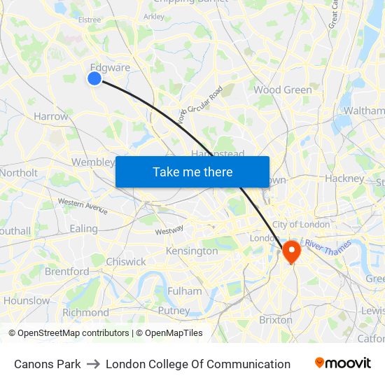 Canons Park to London College Of Communication map