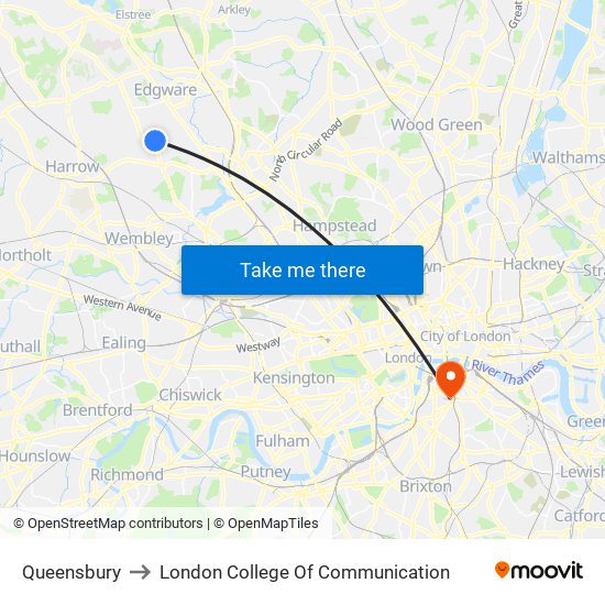 Queensbury to London College Of Communication map