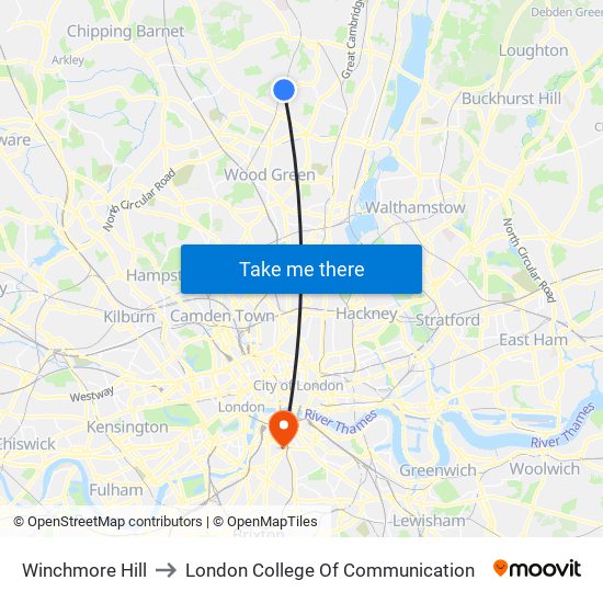 Winchmore Hill to London College Of Communication map