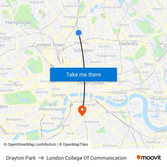 Drayton Park to London College Of Communication map