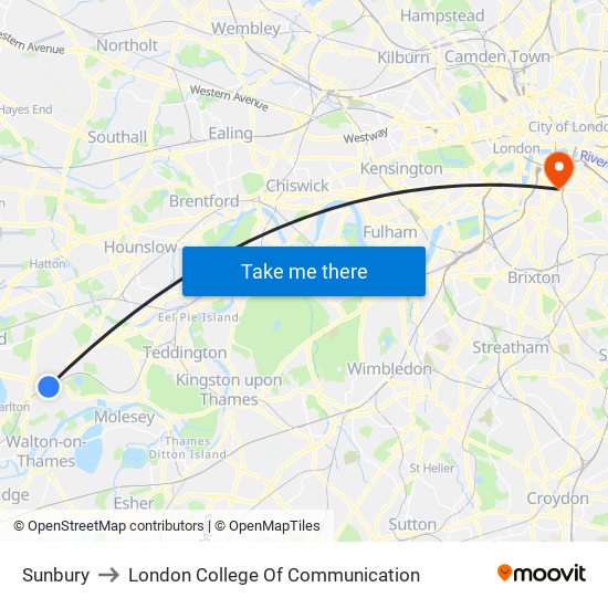 Sunbury to London College Of Communication map