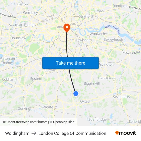 Woldingham to London College Of Communication map