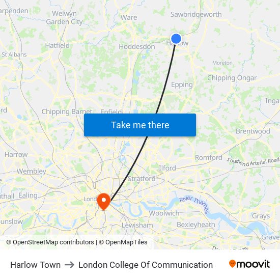 Harlow Town to London College Of Communication map